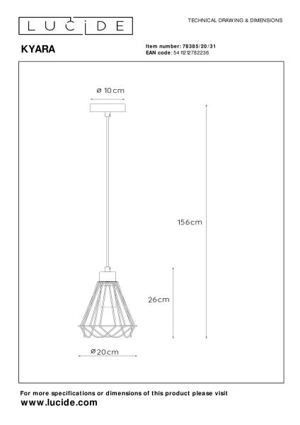 Lucide KYARA - Pendelleuchten - Ø 20 cm - 1xE27 - Weiß - TECHNISCH